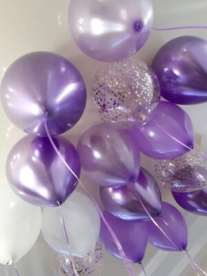 Шары под потолок «Хром фиолетовый, Белые, Конфетти»