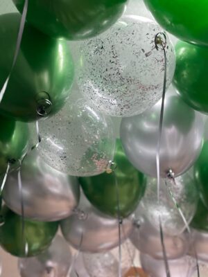 Шары под потолок «Хром серебро, Зеленые металлик, Шары с конфетти»