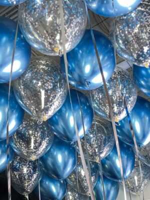 Шары под потолок «Синий хром, Серебро конфетти»