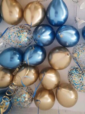Шары под потолок «Синий хром, Золото хром, Конфетти»